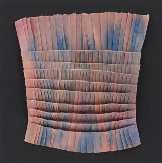 17. Blue on pink with rows and tilts. Encaustic on kozo paper.