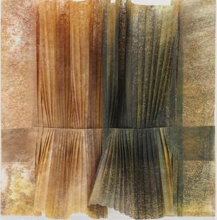 19. Knife pleats 1: green and brown. Encaustic on rayon tissue.