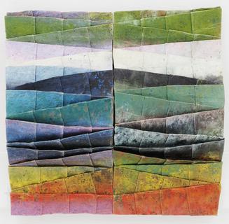 50. Multicolor zig-zag, asymmetric and double-sided. Encaustic on thick kozo paper.