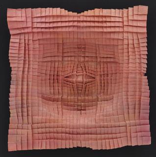 51. Pink square bowl with a central feature. Encaustic on kozo.
