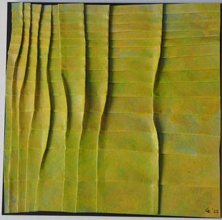 Twisting pleats across pleats 1 (yellow and green). Encaustic on paper, folding.