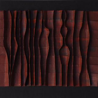 Twisting pleats across pleats 2 (dark red). Encaustic on paper, folding. Sold.