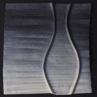 Curves across pleats 3 (grey vase). Dyed kozo paper, folding.